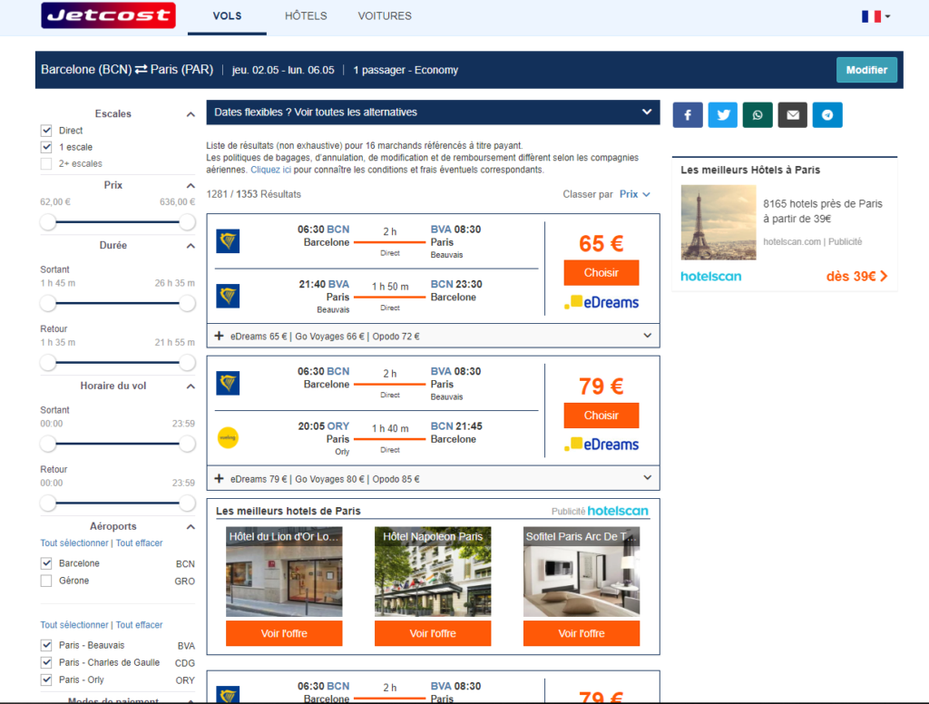 résultats du comparateur Jetcost